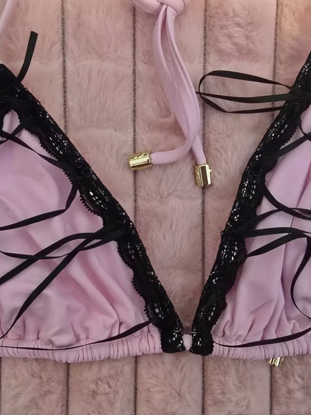 Elegant Pink and Black Lace Bikini Top